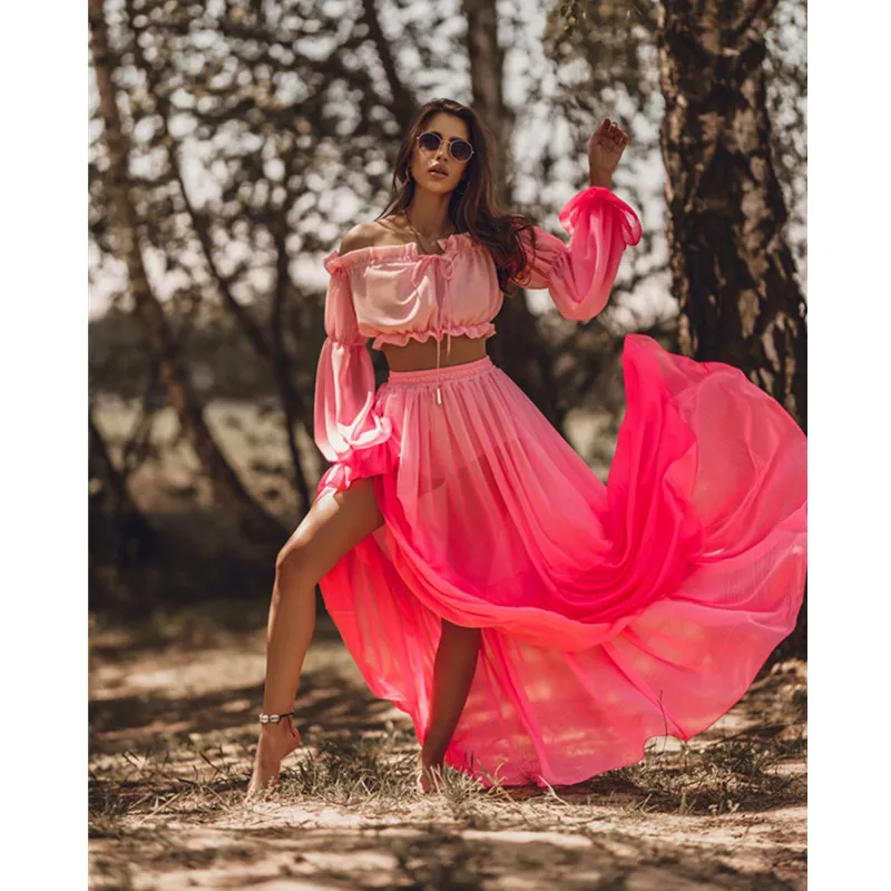 Women Long Sleeve Bikinis Cover ups Swim Long Cover up Tie-Up Crop Tops + High Waist Long Skirt  Kaftan Beach Tunic Dress