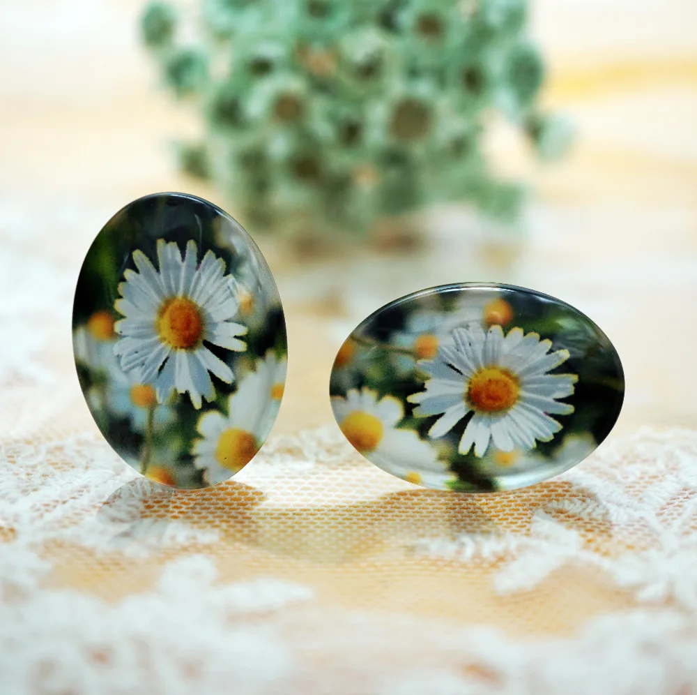 

10PCS/lot oval 10MM x 14MM/13MM X 18MM flower Glass Cabochon for necklace earring rings brooch DIY Jewelry hand made supply