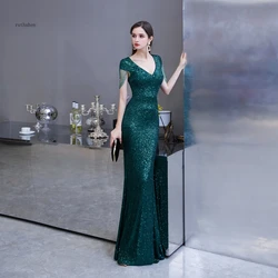 Sequined Maxi Dress Elegant V Neck Emerald Green Mermaid Formal Party Evening Dress With Beading