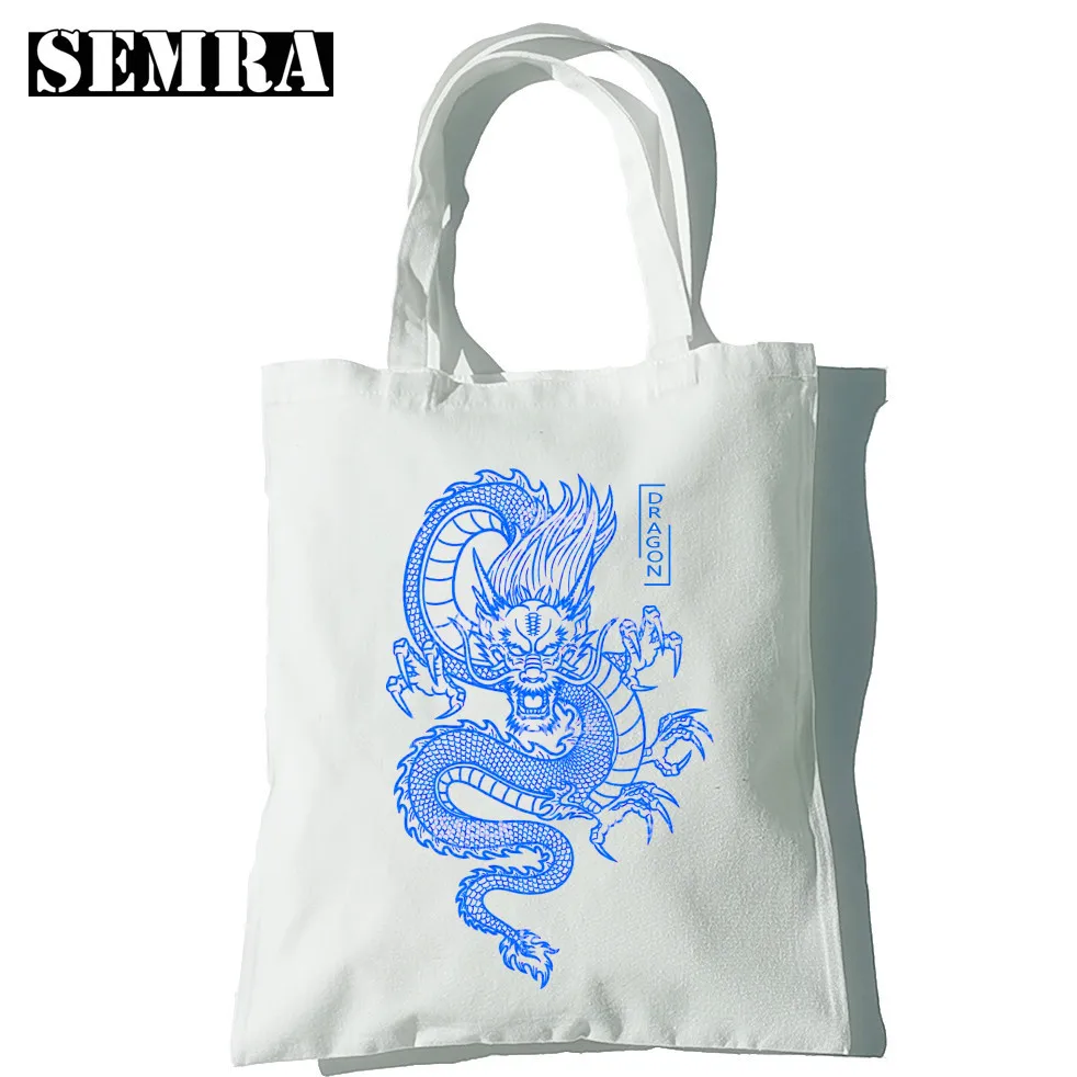 Dragon Printing Women Canvas Shopper Bag Girl Harajuku Large Capacity Punk Gothic Black Tote Classic Vintage Shoulder Handbag