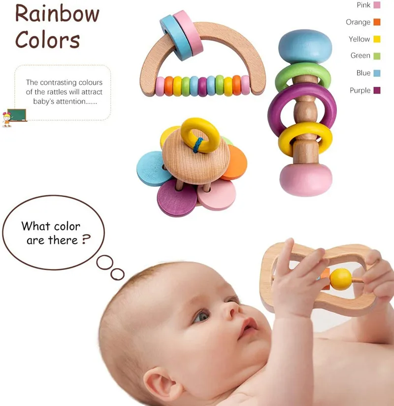 Baby Wooden Toys Rattles for Toddler Newborn Xmas Gift Grasp Play Game Teething Infant Toy Early Musical Educational Montessori