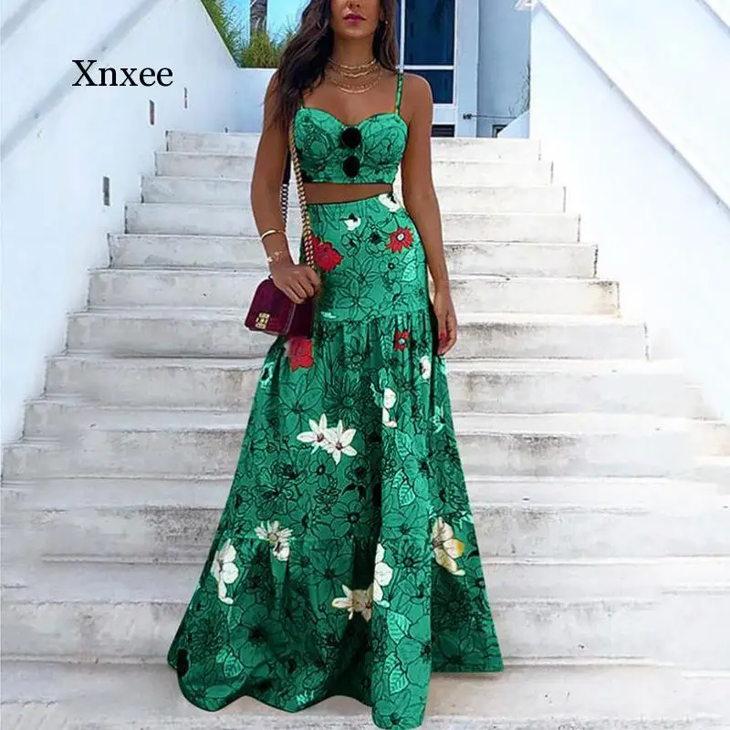 Floral Print Summer Dresses for Women Two Piece Skirt Set Spaghetti Strap Crop Top and Maxi Long Skirt Party 2 Piece Sets