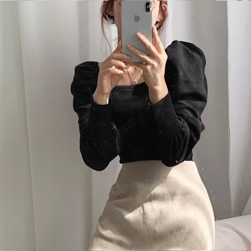 Woherb 2024 Women Fashion Puff Sleeve Basic Knitting Sweater Autumn Solid Casual Slim-fit Knitted Pullover Korean Vintage Jumper