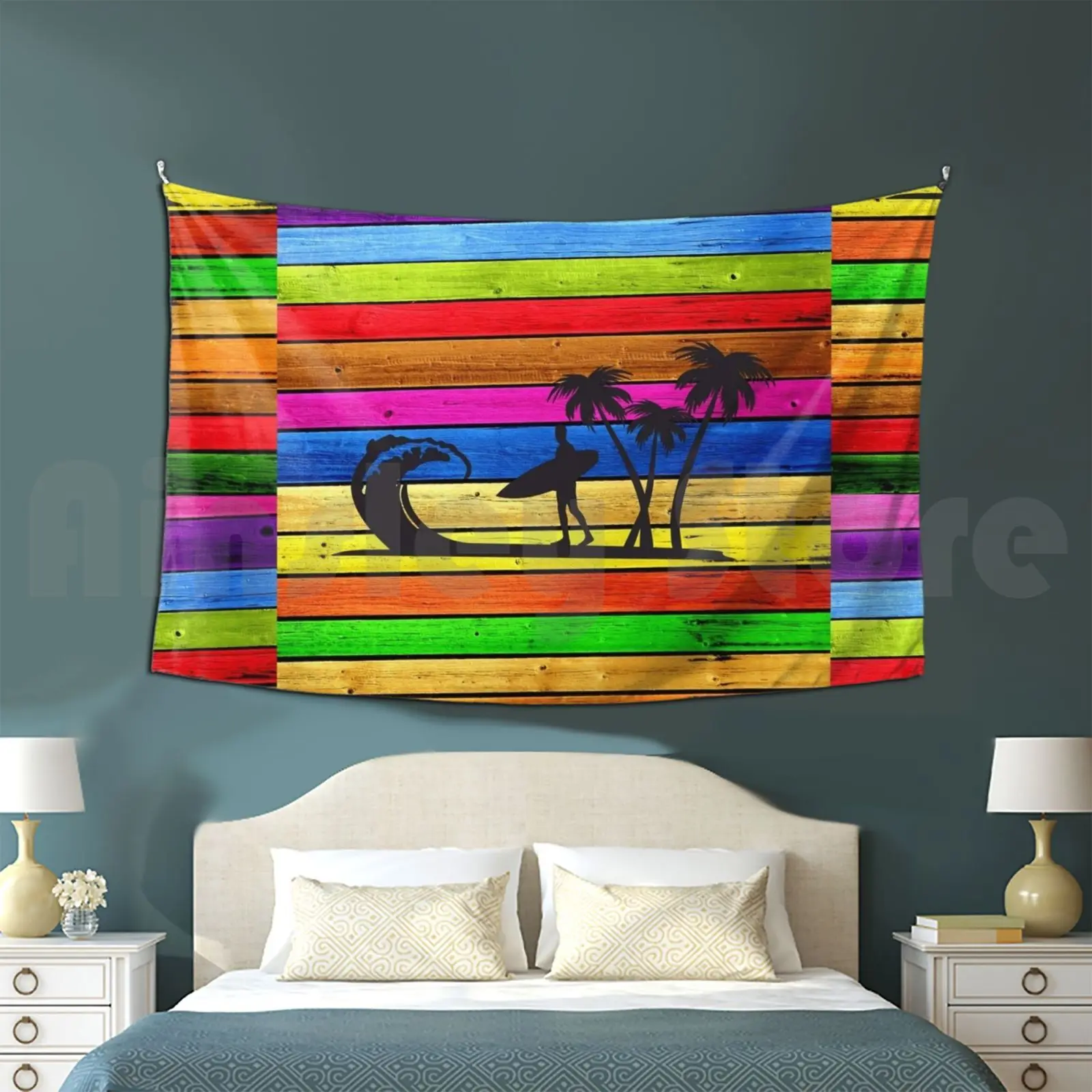 Surfing The Big Wave Tapestry Living Room Bedroom Surf Surfer Surfing Wave Waves Beach Ocean Sea Holiday Hawaii