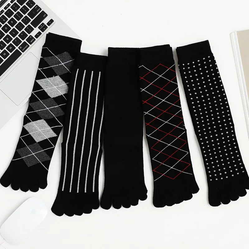 5 Pairs Long Man Business Socks with Fingers Fashion Striped Argyle Dot Mid-Calf Five Finger Sock Pure Cotton Black Toe Socks