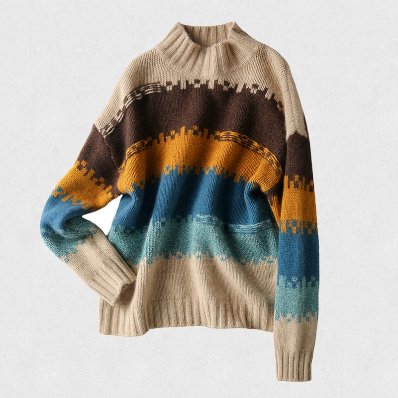 

Women 2021 New Autumn Winter Casual Colorfull Knitted Striped Sweater Elegant Jumper Long Sleeve Turtleneck Pullover Tops