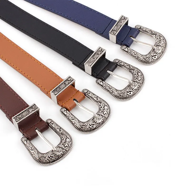 Women's Retro Pin Buckle Belt Vintage Carved  PU Leather Gothic Casual Fashion All-Match Belt Dress Waistband Luxury Brand