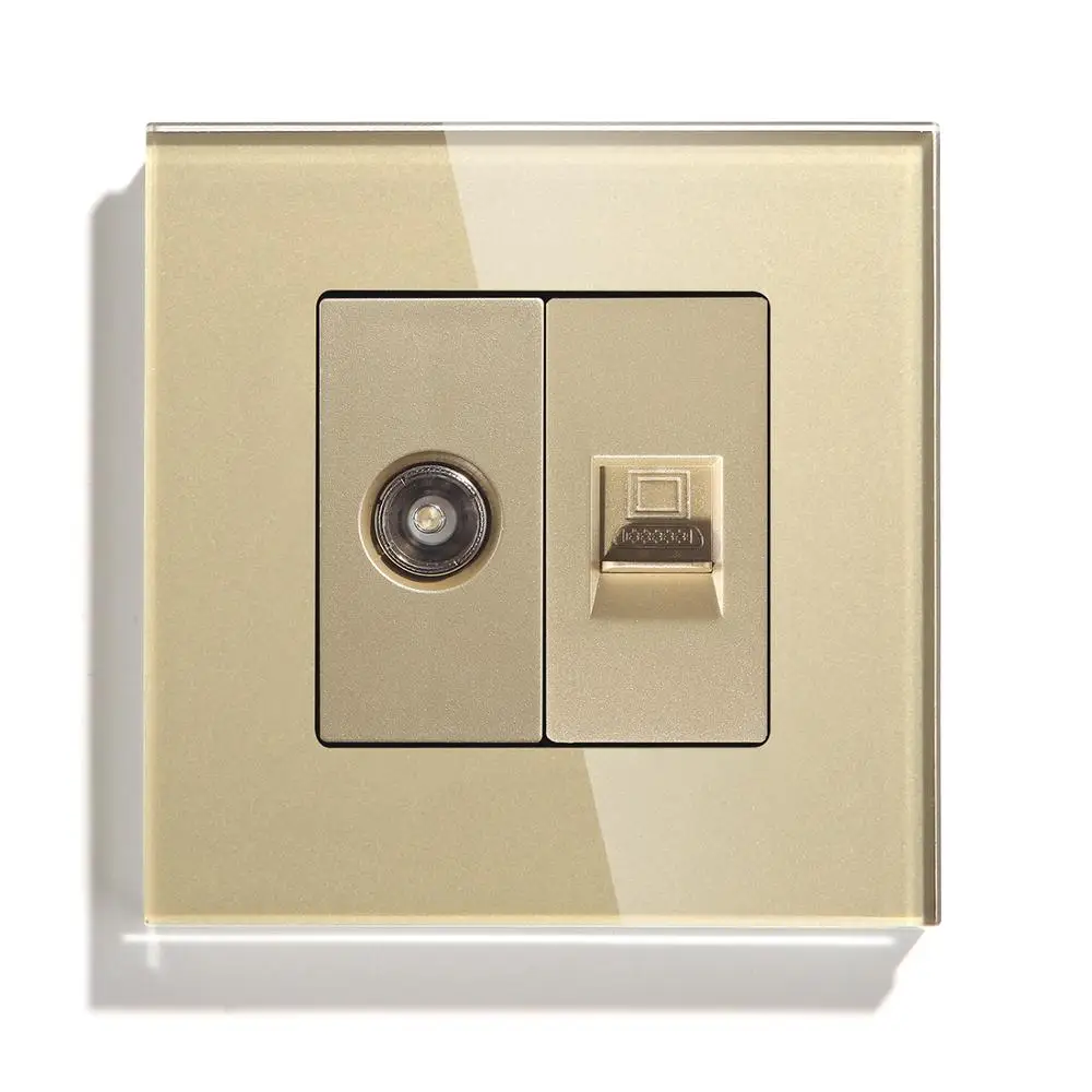 BSEED-مقبس حائط تلفزيون ، CAT5 ، الإنترنت ، لوحة زجاجية مقسّى ، أبيض ، أسود ، ذهبي