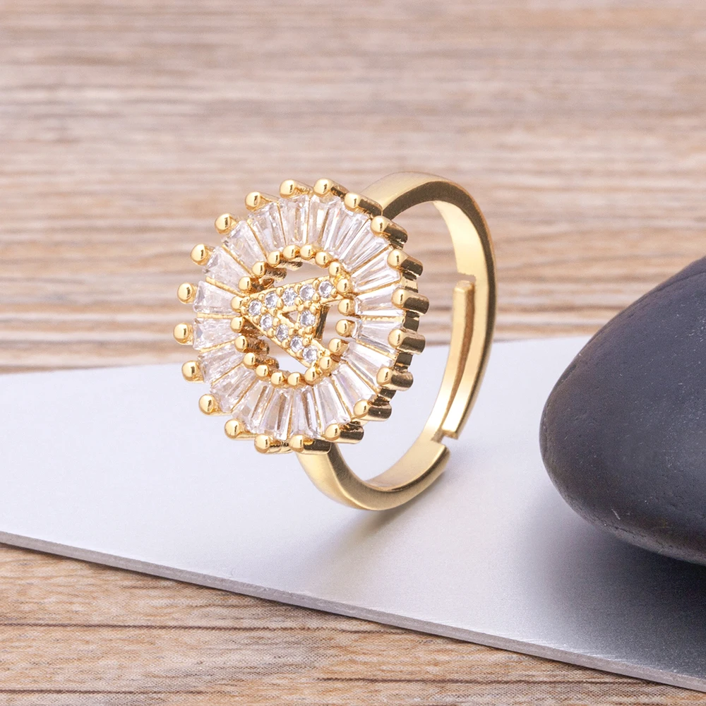 Hot Sale Fashion Luxury Initial 26 Alphabet Adjustable Gold Color Zircon A-Z Letter Ring Statement Name Jewelry Gift For Women