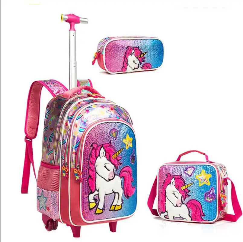 Kids School Trolley Bag set with lunch bag pen bag School Rolling Backpack School Wheeled Backpack for girls Travel Trolley Bags