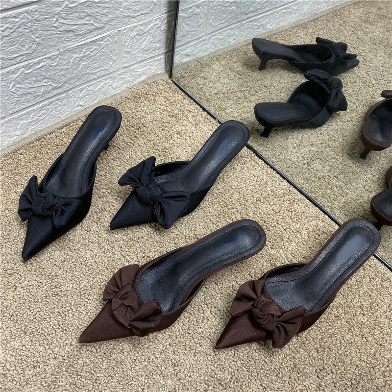 Half Slippers Women's Shoes 2021 Summer New Cat with Mid-heel Pointed Bowknot Muller Stiletto Outdoor Slippers