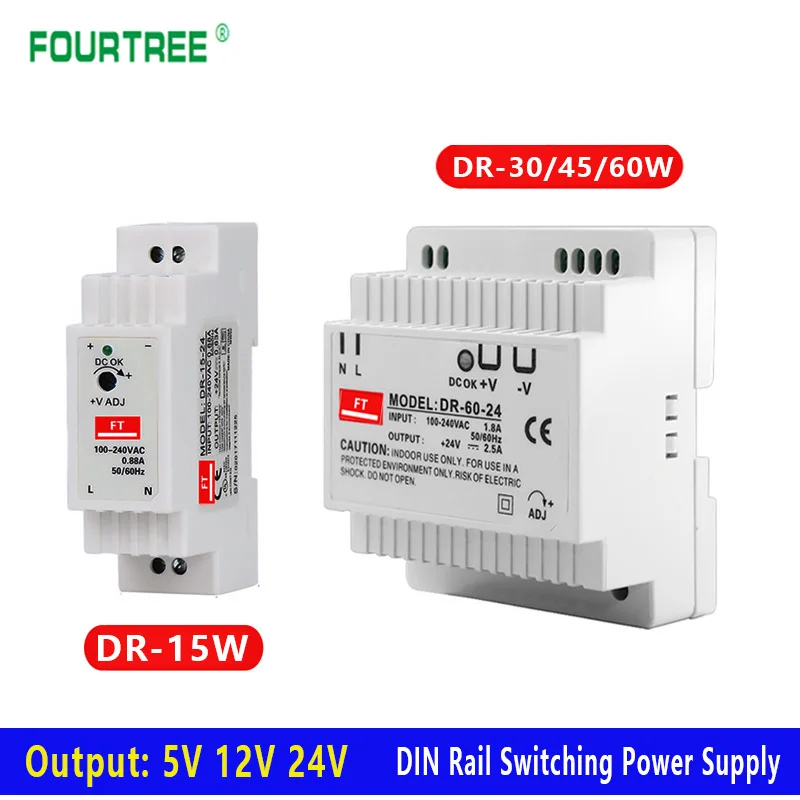 DR-15W 30W 45W 60W DIN Rail Switching Power Supply Single Output 5V 12V 24V AC DC Converter Power Switch Input 110/240VAC