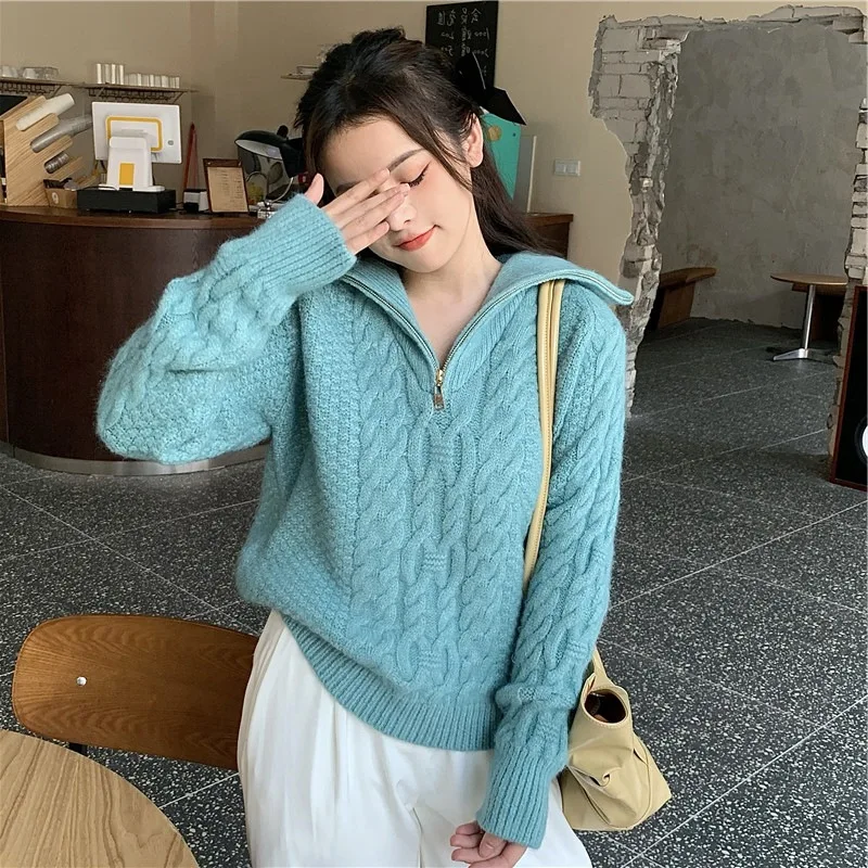 Nice Short Style Solid Women Knit Turtleneck Long Sleeve Ladies Jumpers Casual High Neck Female Sweaters with Zipper for Outwear