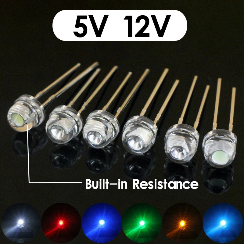 100pcs 12v 5v 5mm Led Straw Hat Super Bright White Red Blue Green Indicator Light Emitting Diode Epistar Chip Built-in Resistanc