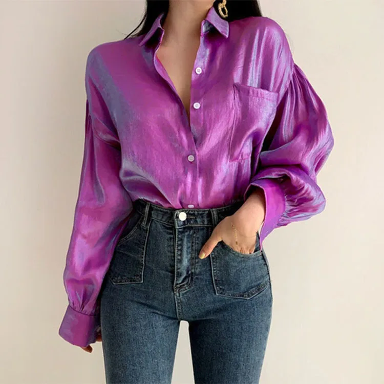 Gradient Color Shirts Womens 2022 Fashion Bright Blouse Female Elegant Lapel Button Blusa Casual Puff Sleeve Top Oversize