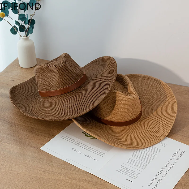 New Design Natural Paper Western Cowboy Hat 13CM Big Wide Brim Women Men Summer Beach Straw Hats Panama Cowgirl Jazz Sun Caps