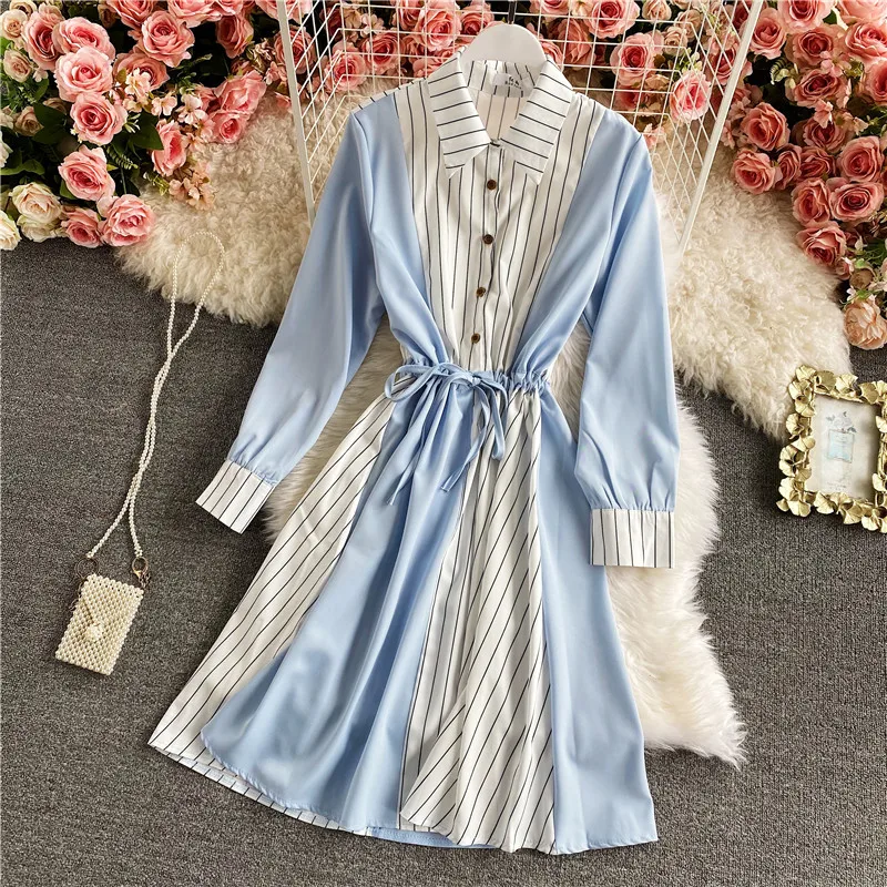 Frühling Herbst Luxus Hohe Taille Vintage Party 2022 Hemd Kleid Langarm Elegante A-Line Boho Kleider Frauen Gestreiften Patchwork