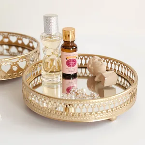 1PC Golden Color Delicate Jewelry Storage Tray Glass Mirror Base Bedroom Desktop Cosmetic Decorative Organize Plate