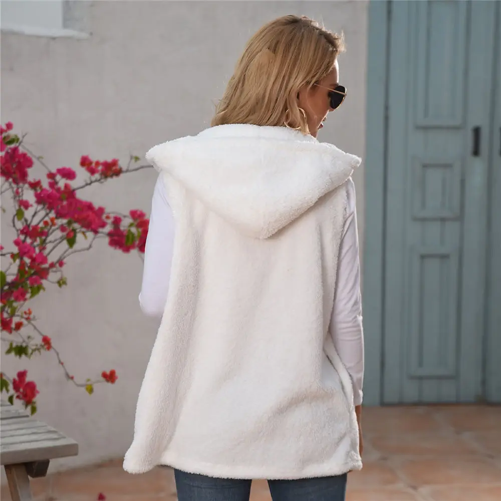 Women Oversized Teddy Fleece Sweater Hooded Plus Size 5XL Sherpa Vest Winter Warm Sleeveless Waistcoat