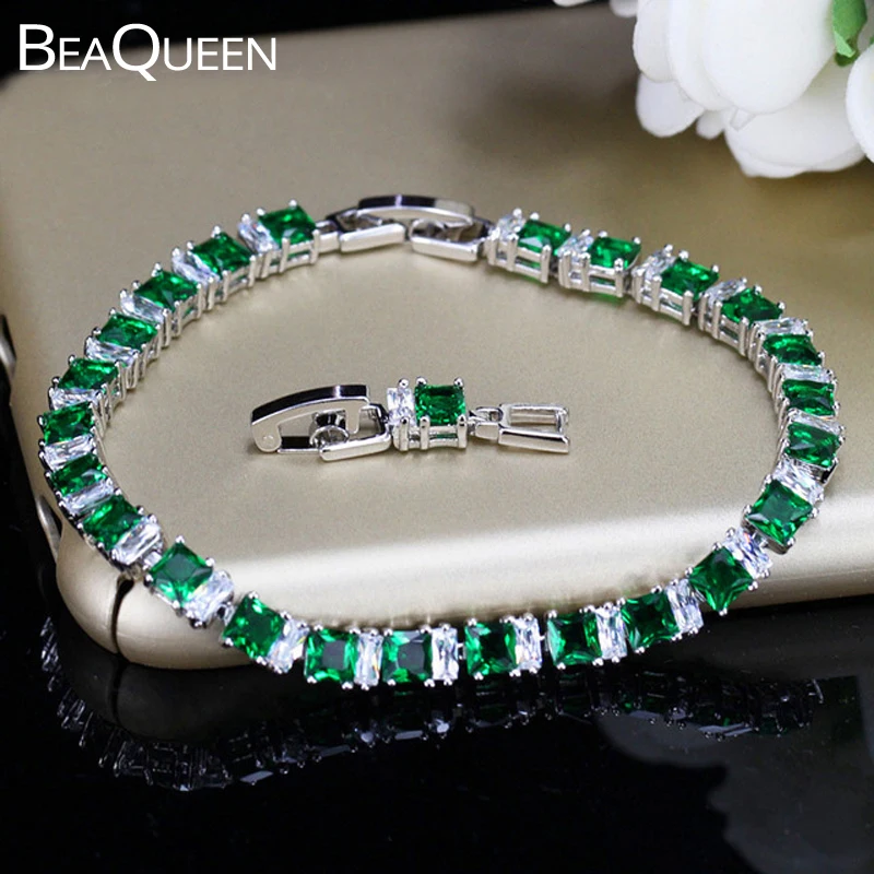 

BeaQueen Fashion Brand Square Cut Green and White Cubic Zircon Crystal Lovely Tennis Bracelets for Women Friendship Jewelry B037