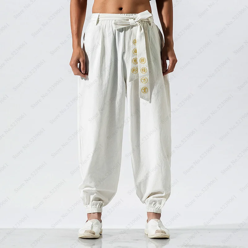 

Harajuku Kimono Japanese Costume for Man Wide Leg Pants Casual Bandage Embroidery Loose Linen Trouser Male Harlan Haori Samurai