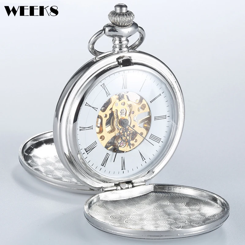 

Roman Numeral Mechanical Pocket Watch Luxury Smooth Sliver Case Steampunk Skeleton Fob Chain Clock for Men Women Collection Gift