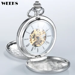 Reloj de bolsillo mecánico con números romanos para hombre y mujer, reloj de lujo con funda plateada lisa, cadena Fob de esqueleto Steampunk, regalo de colección