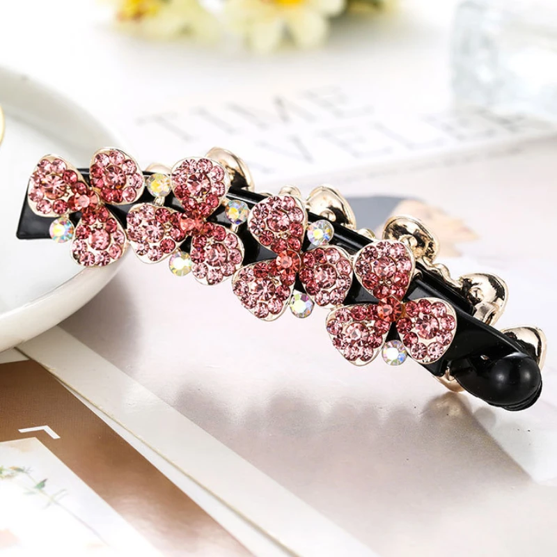 Korea New Flower Banana Hair Clip Fashion Ladies Ponytail Vertical Hairpin Paint Rhinestone Hairgrip Barrettes Women Headdress