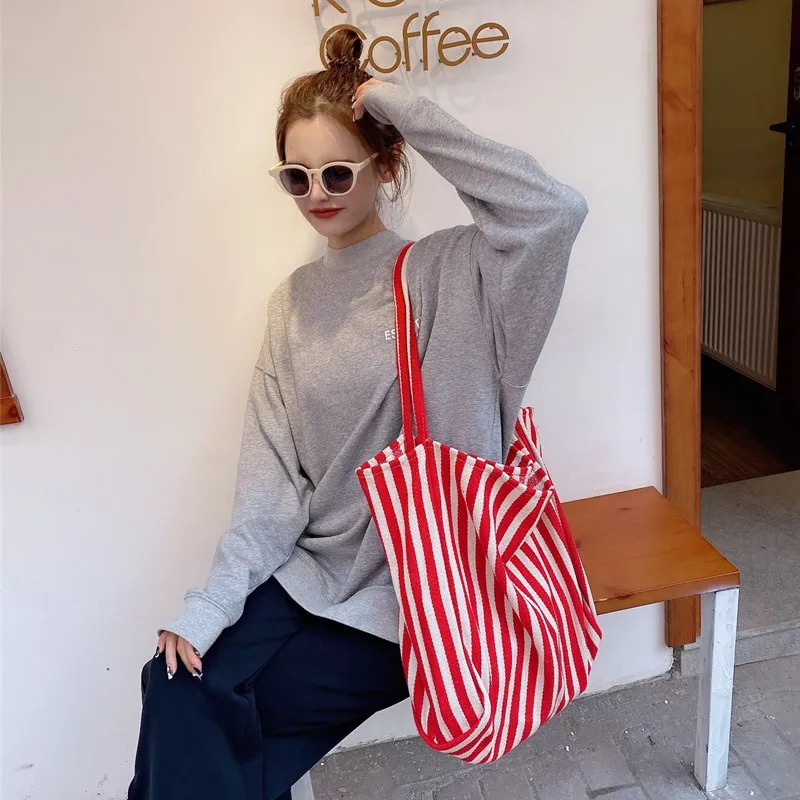 Large Capacity Canvas Women Shopper Tote Simple Striped Shoulder Bag Female Casual Multifunctional Travel Top-handle Handbag