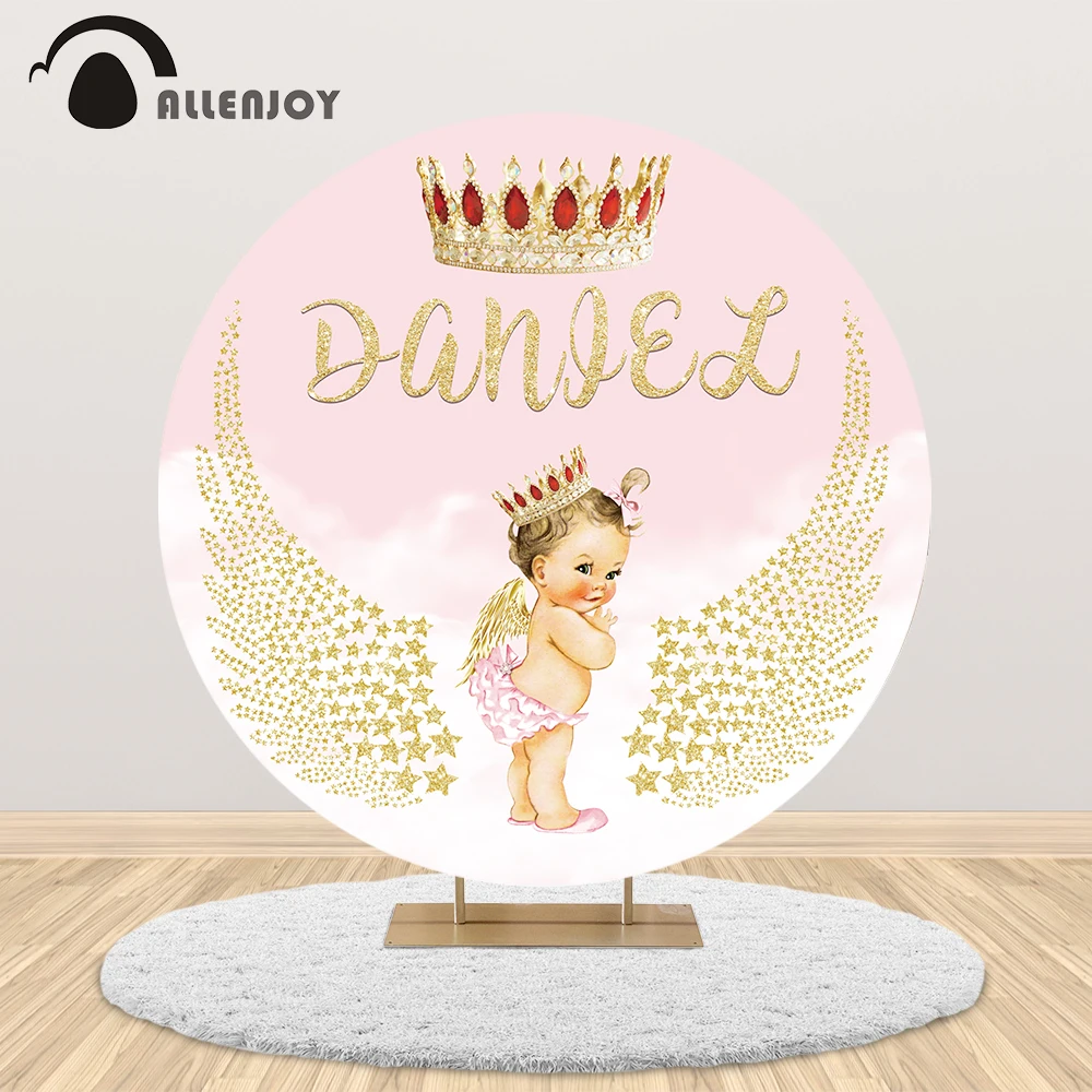 Allenjoy Baby Birthday Party Background Photozone Boys Girls Circle Round backdrop Cover Class Crown Wings Photocall Decor