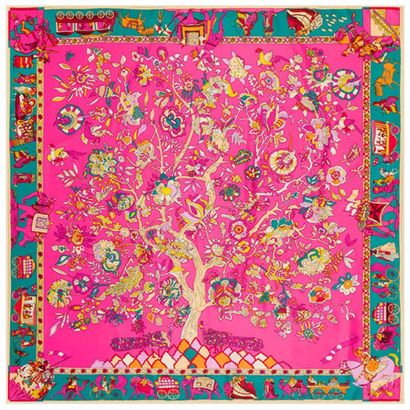 100% Silk Scarf Women Large Shawls Stoles Life Tree Print Square Scarves Echarpe Fashion Foulards Femme Wrap Bandanas 130*130CM