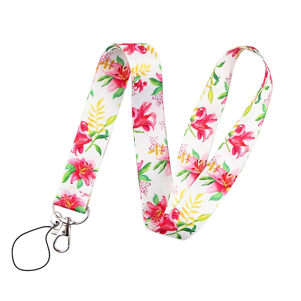 YL316 Lily Flower Lanyard For Keychain ID Card Pass Gym Mobile Phone USB Badge Key Ring Holder Neck Straps Accessories