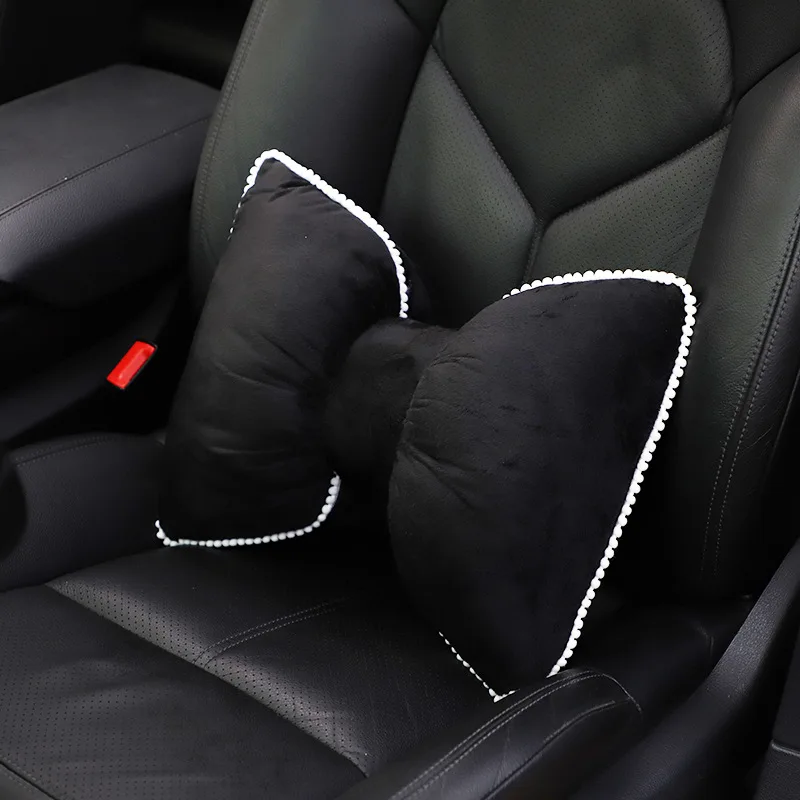 Cute Flower Soft Plush Bowknot Car Seat Headrest Neck Pillow Velvet Head Rest Cushion Waist Pillows Car Accessories Interior