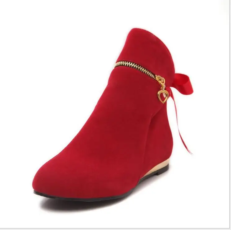 New Sweet Red Bow Ankle Boots Women Faux Suede Boots Short Boots Fashion round toe solid ankle boots Woman Shoes Large size