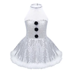 Girls Christmas Snowman Princess Cosplay Dress Costume Mesh Splice Caged Back Shiny Sequins Figure Twirling Party Dress