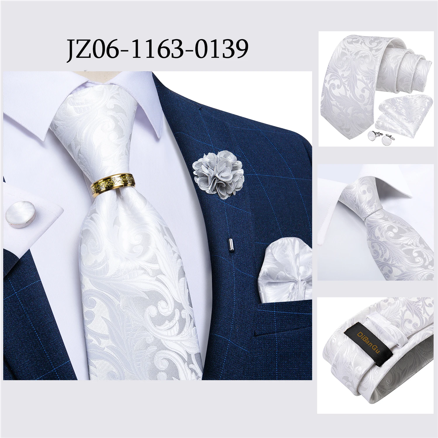 Handgefertigte Paisley-Blumen-Krawatte in Königsblau für Herren, klassische 8 cm breite gewebte Jacquard-Krawatte mit Einstecktuch, Manschettenknöpfen und Brosche – Detail 26