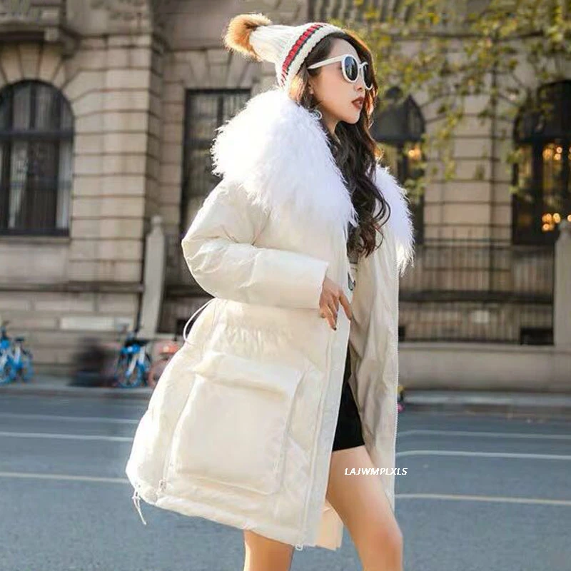 2022 Winter Down Jacket Women 90% White Duck Down Coat Parkas Patent Leather Glossy Outwear Real Lamb Fur Collar Thick Coat Y192