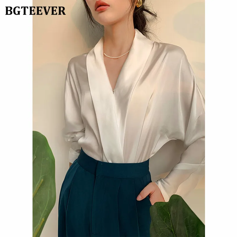 BGTEEVER Elegant V-neck Satin Women Blouses 2021 Autumn Ladies Blusas Full Sleeve Loose Office Wear Female Shirts Tops