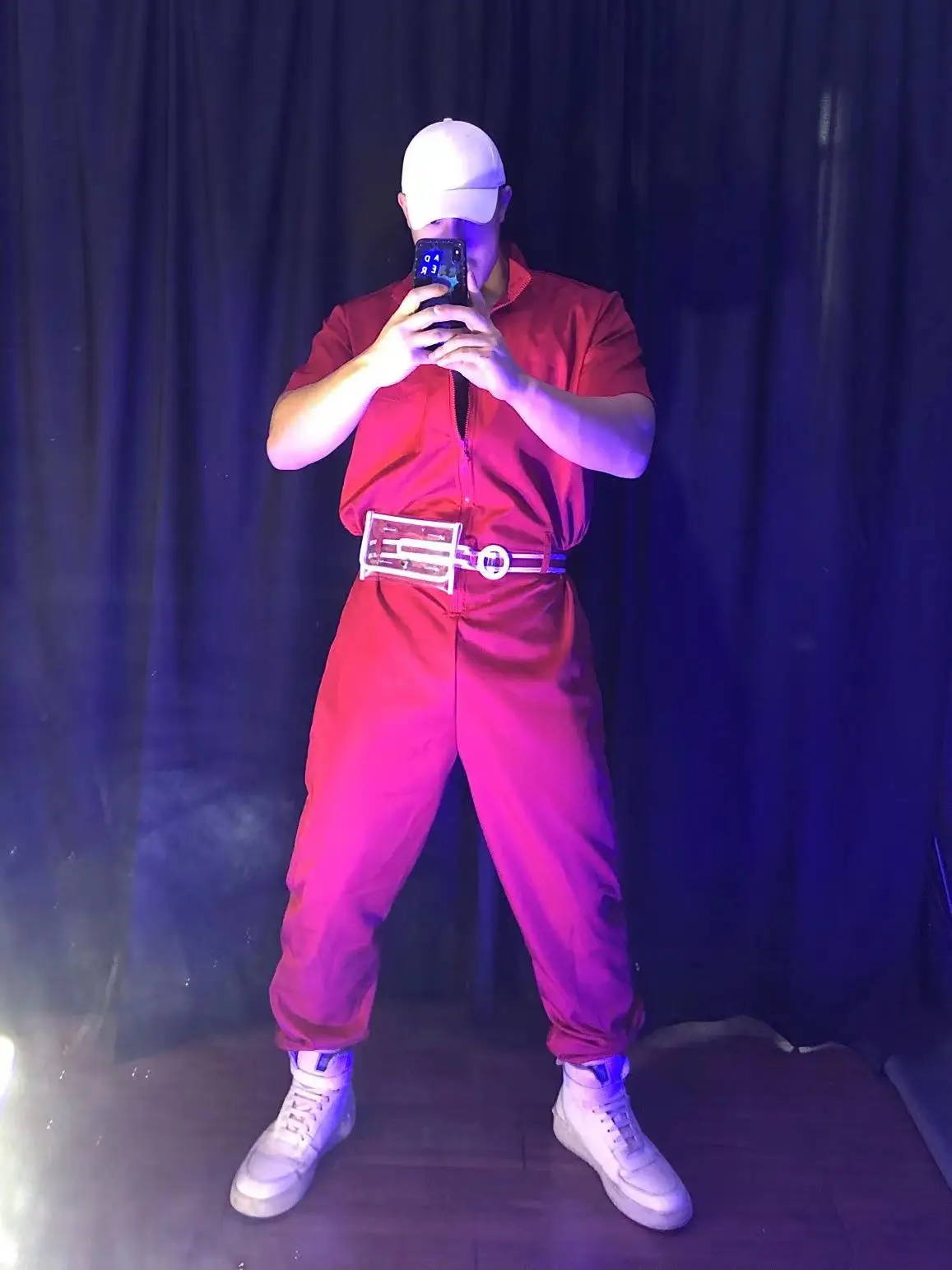 Homens hip hop dança de rua macacão traje vermelho solto manga curta macacão bar boate dj cantor dançarino gogo desempenho roupas