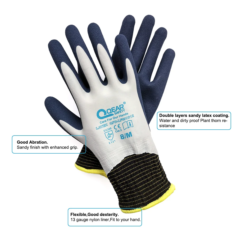 QearSafety Garden Work Gloves Fully latex Coated,Fully Dirty/Mud/Water Proof, Palm Sandy Latex For Anti-slip, Thorn Resistance