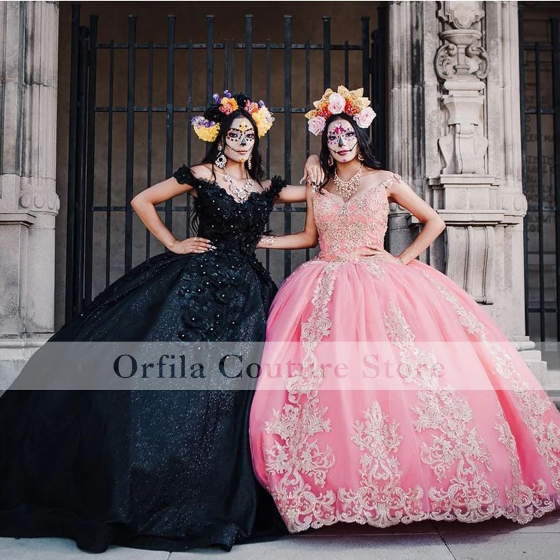 Gaun Meksiko Vestido De 15 Años Hitam Charro Quinceanera Rok Lebar Bermanik Manis 16 Gaun Appliqued Vestidos De Xv Años