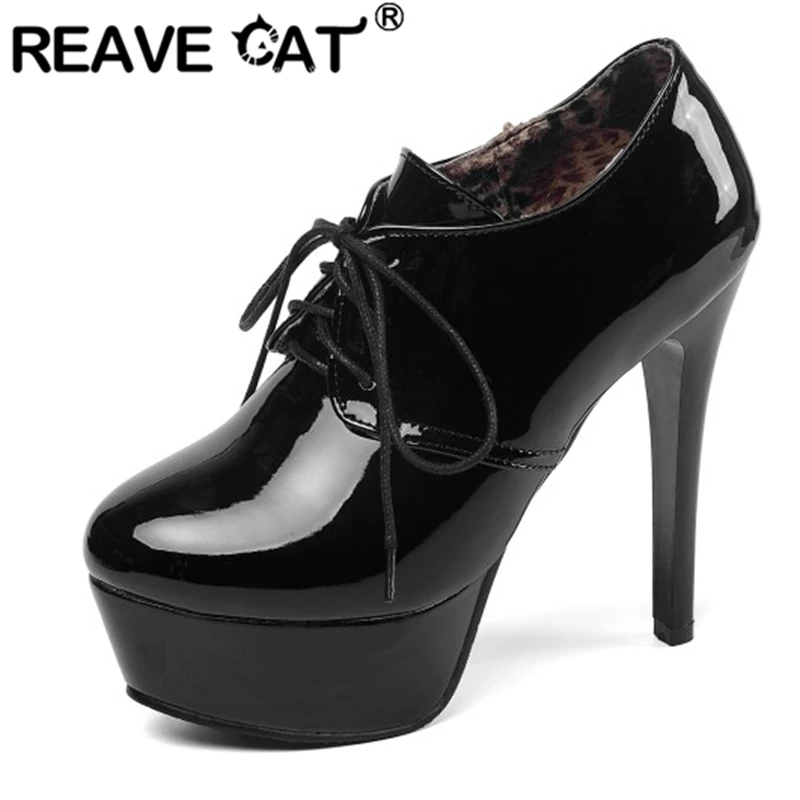 REAVE CAT Woman Pumps Round Toe 13cm Thin high Heels Patent Leather Lace up Cross-tied Platforms Large size 33-45 Casual A2874