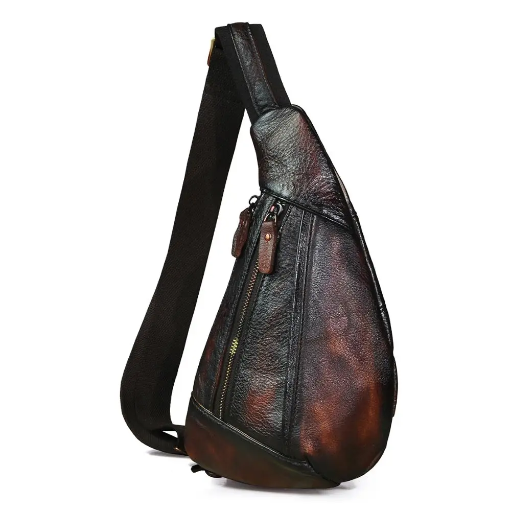 Brand Men Natural Leather Retro Coffee Tringle Chest Pack Bag Design Male Sling Crossbody One Shoulder Bag Backpack Daypack 8807