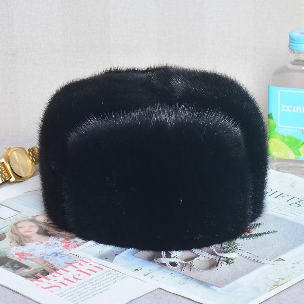 Winter Thickened Genuine Mink Fur Bomber Hat For Man Black/Brown Tag Elderly Ear Warm Chapeau Motorcycle Russian Style Mink Caps