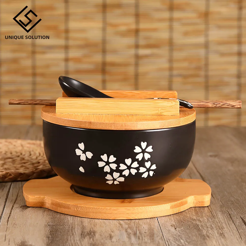 Japanese Style Rice Noodle Bowl with Lid Spoon and Chopstick Kitchen Tableware Ceramic Salad Soup Bowl Food Container Dinnerwaps