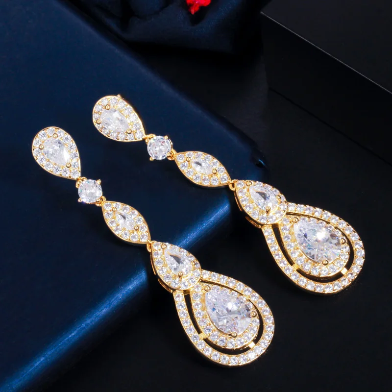 CWWZircons Rose Gold Color Luxury Long Dangle Round Water Drop Elegant CZ Earrings for Women Bridal Wedding Jewelry Dress CZ766