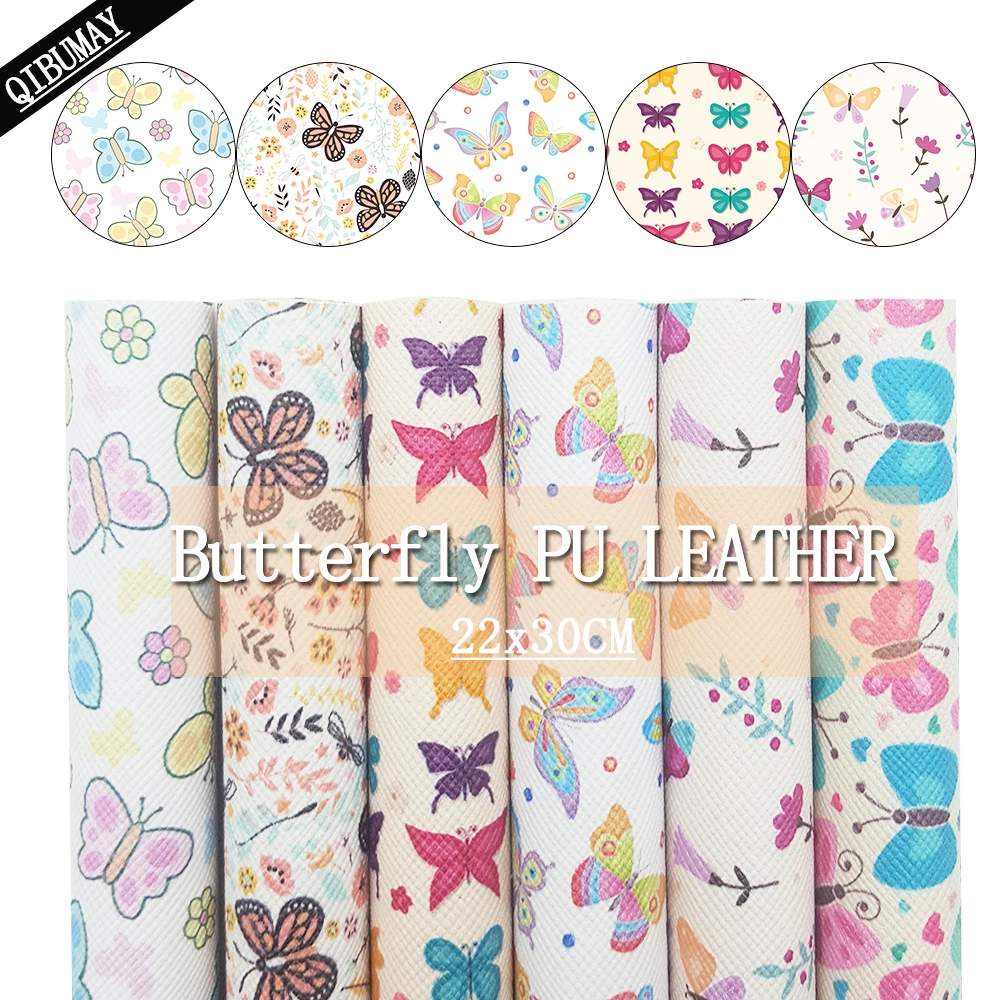 QIBU 22*30cm Butterfly Printed Synthetic Leather Cartoon Cute Animals Vinyl Fabric Sheets A4 DIY Hair bow Earring Bags Materials