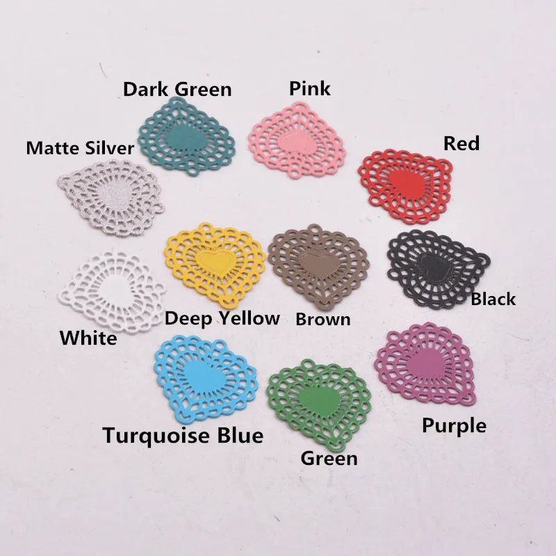 100 Stück AC2575 Messing-Herzanhänger, bunte filigrane Ohrring-Verbindungsstücke, Metallverzierungen, DIY-Schmuckmaterialien, 14mm*15mm – Detail 3