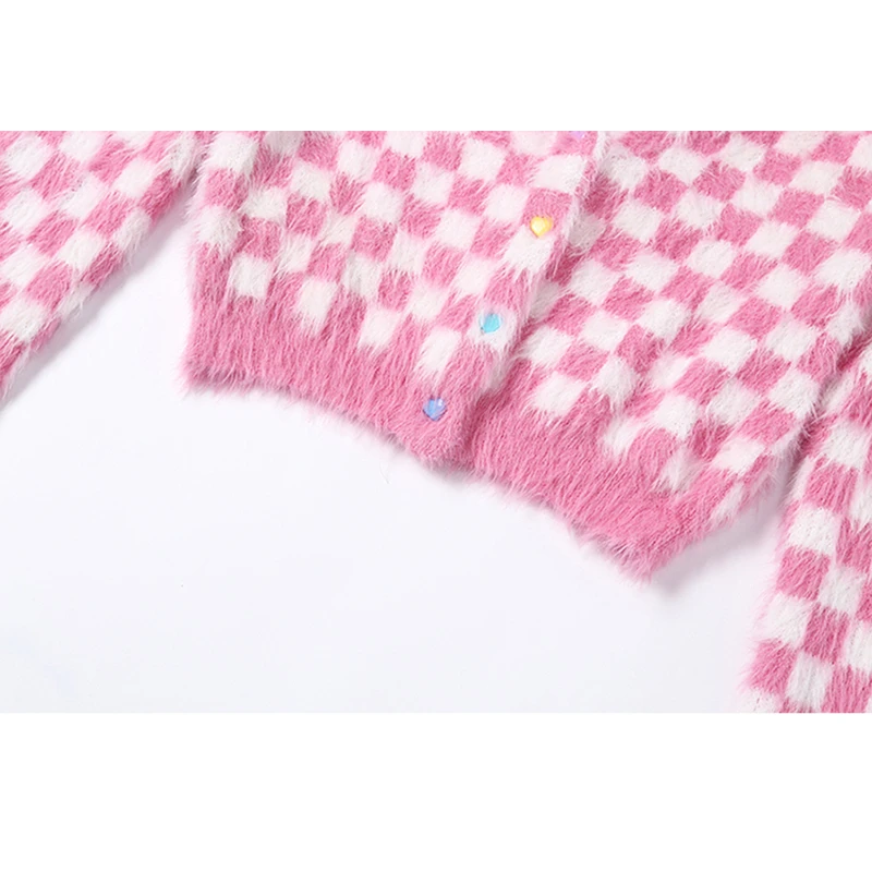 Pink and White Check Cardigan Sweater Women Fuzzy Mohair Crop Knit Long Sleeve Heart-Shape Button Soft Girl Aesthetic Outfit /