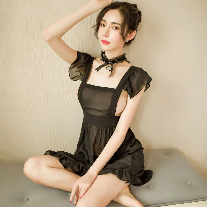 Chiffon See Through Sexy Vrouwen Franse Maid Uniform Babydoll Verleiding Halloween Kostuum Vrouwen Exotische Servant Cosplay Lingerie